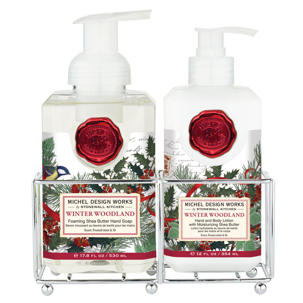Hand Care Caddy containing foaming hand soap and lotion bottles.