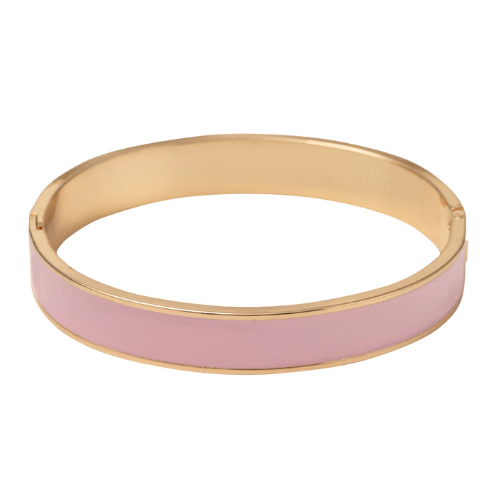 Pink enamel and gold-toned hinged bangle bracelet.