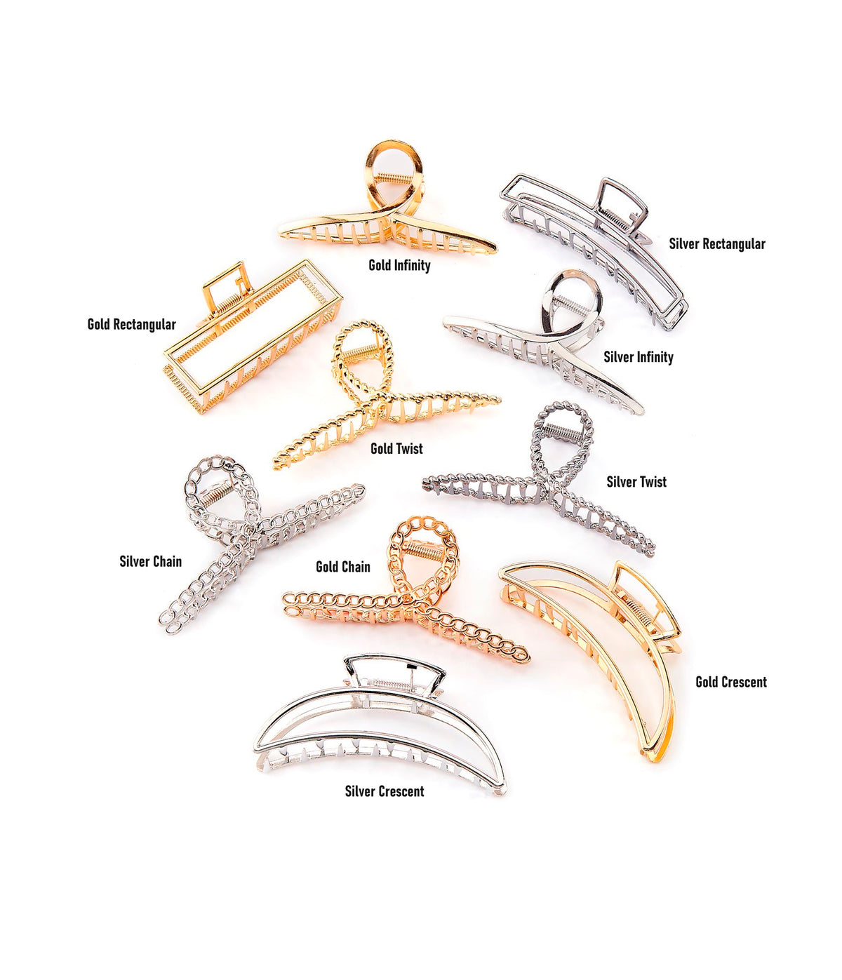 Two gold alloy hair claws with a sleek curved claw shape on a white paper backer card.
