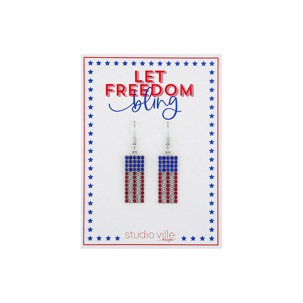 Pair of American flag-themed dangle earrings with blue and red rhinestones on a white card with stars.