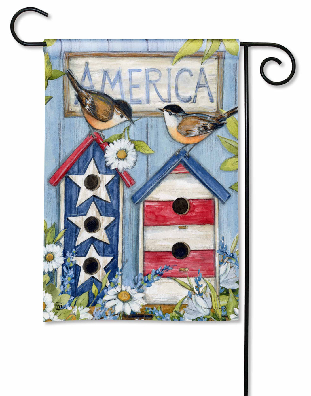 Garden flag with two birds, patriotic birdhouses, and flowers. Features the word "AMERICA".