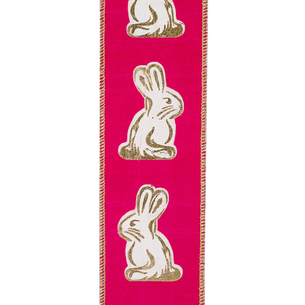 Hot pink wired edge ribbon featuring a repeating pattern of white and gold gilded bunnies.