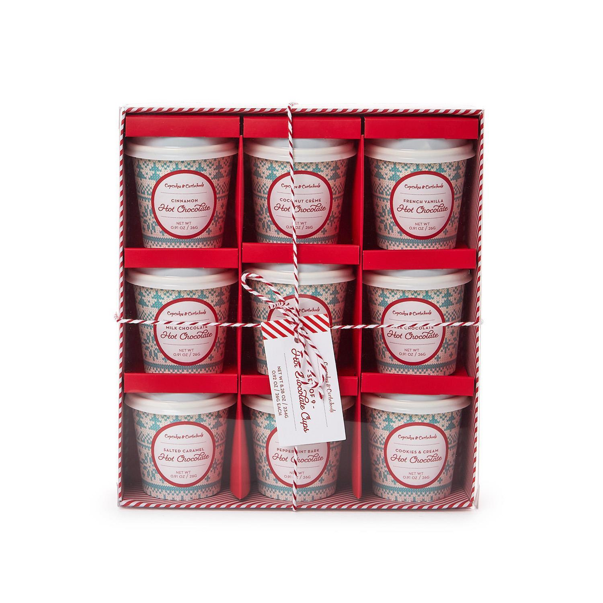 Holiday gift box containing nine assorted hot chocolate cups with festive blue and white patterns.
