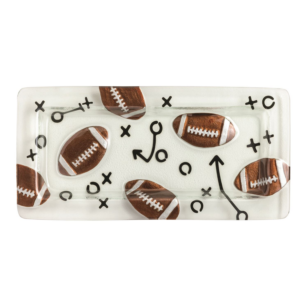 Rectangular glass tray with a football theme featuring brown footballs and black play diagrams.