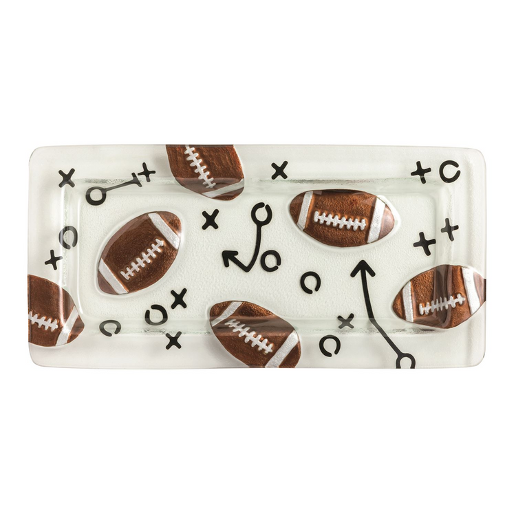 Rectangular glass tray with a football theme featuring brown footballs and black play diagrams.
