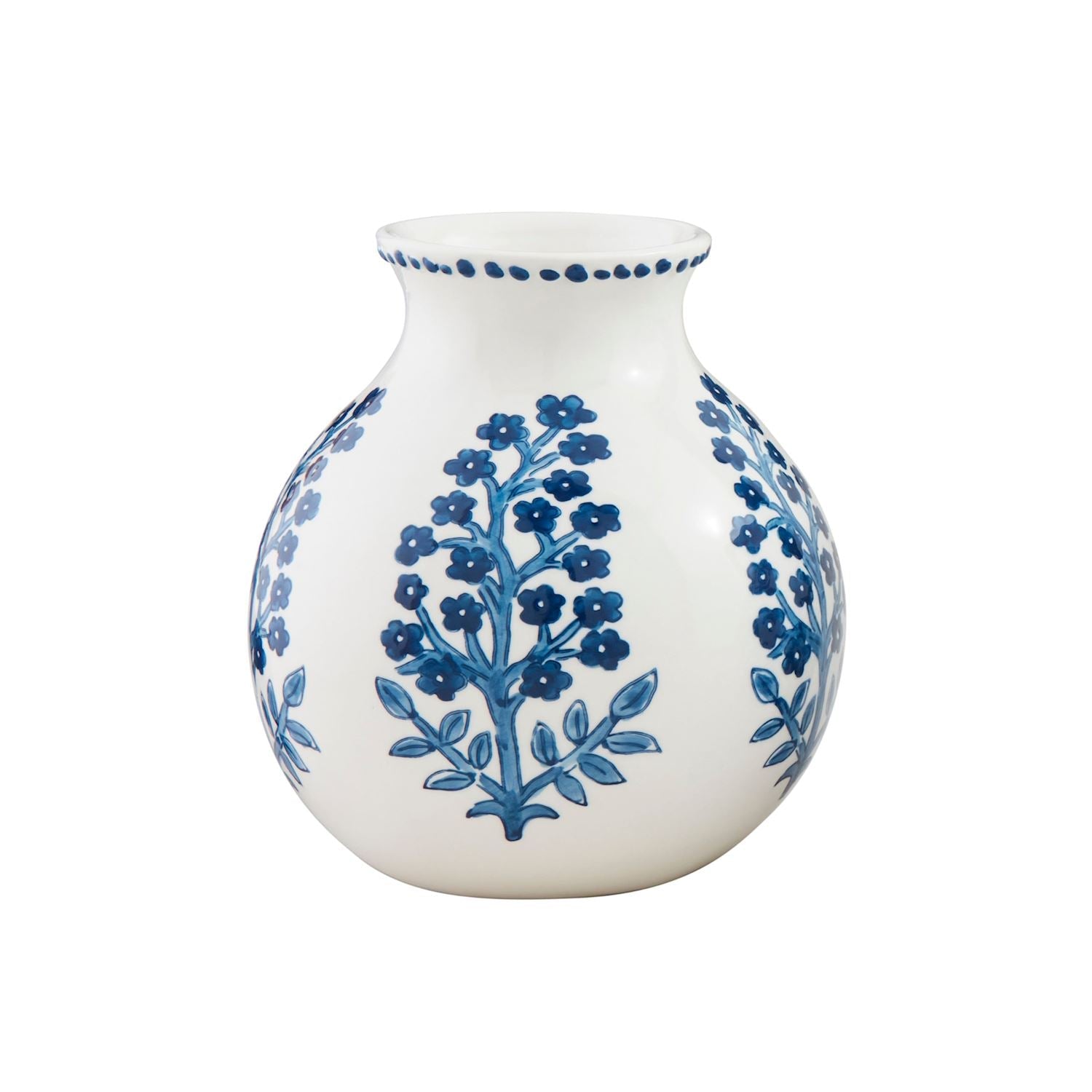 Block print flower vase in stoneware with hand-painted floral pattern.
