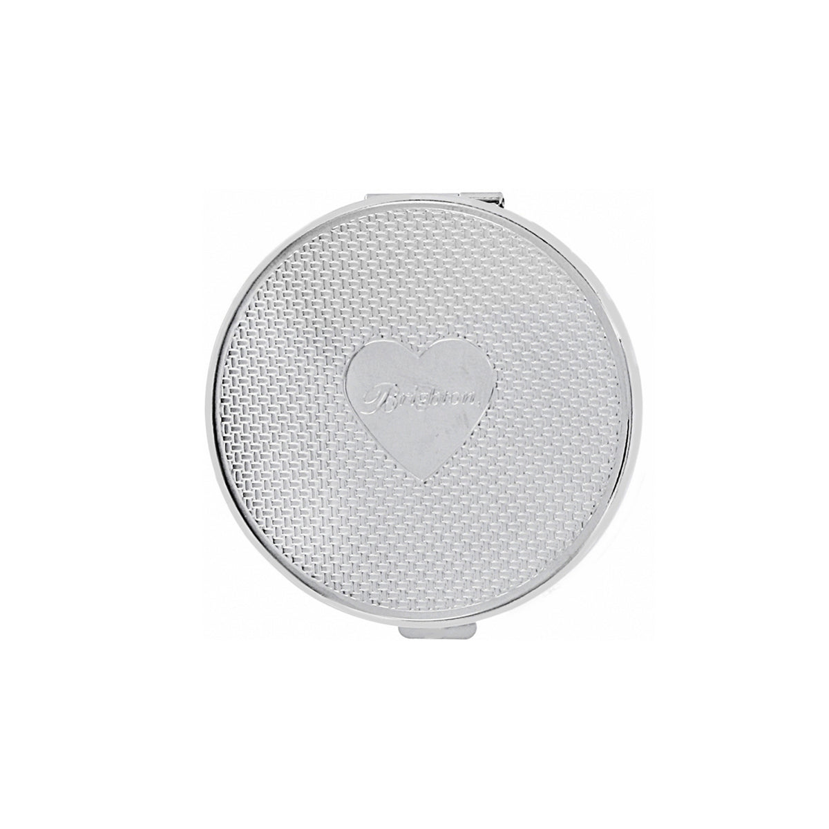 Silver-plated Ferrara Pill Box with a textured circular design and a central heart motif.