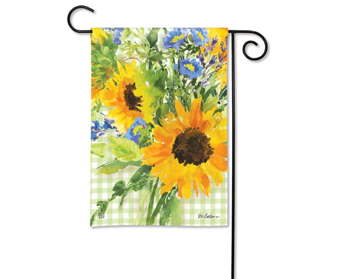 Garden flag with a watercolor painting of sunflowers and blue flowers on a green gingham background.
