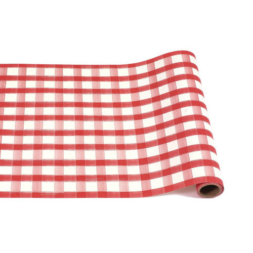 Red and white painted check table runner roll.