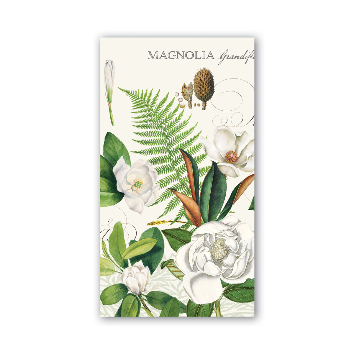 Pack of Hostess napkins in white with a subtle floral pattern.
