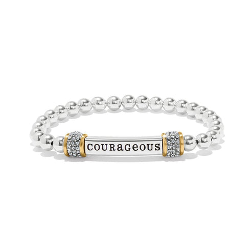 Meridian Courageous two-tone stretch bracelet with silver beads and a bar engraved with COURAGEOUS.
