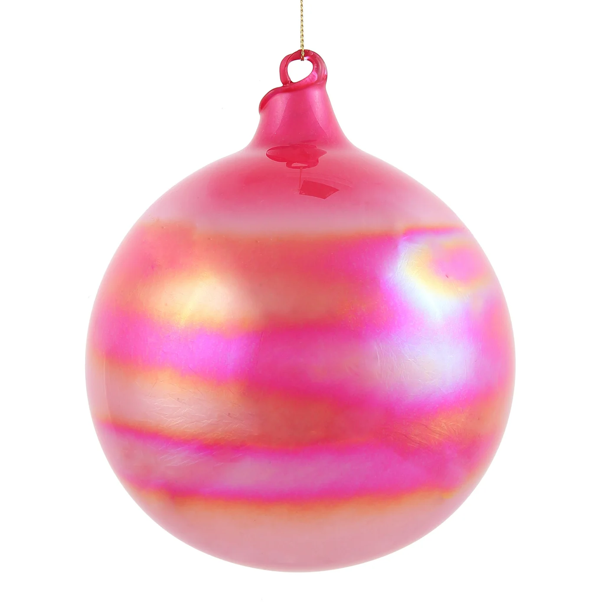 150mm fuchsia pink pearlized glass ball ornament with iridescent horizontal stripes.