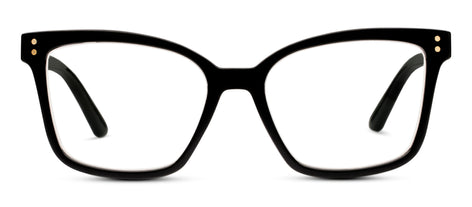 Octavia eyeglasses with gold-accented hinges in a recycled polycarbonate frame and blue light filtering lenses.