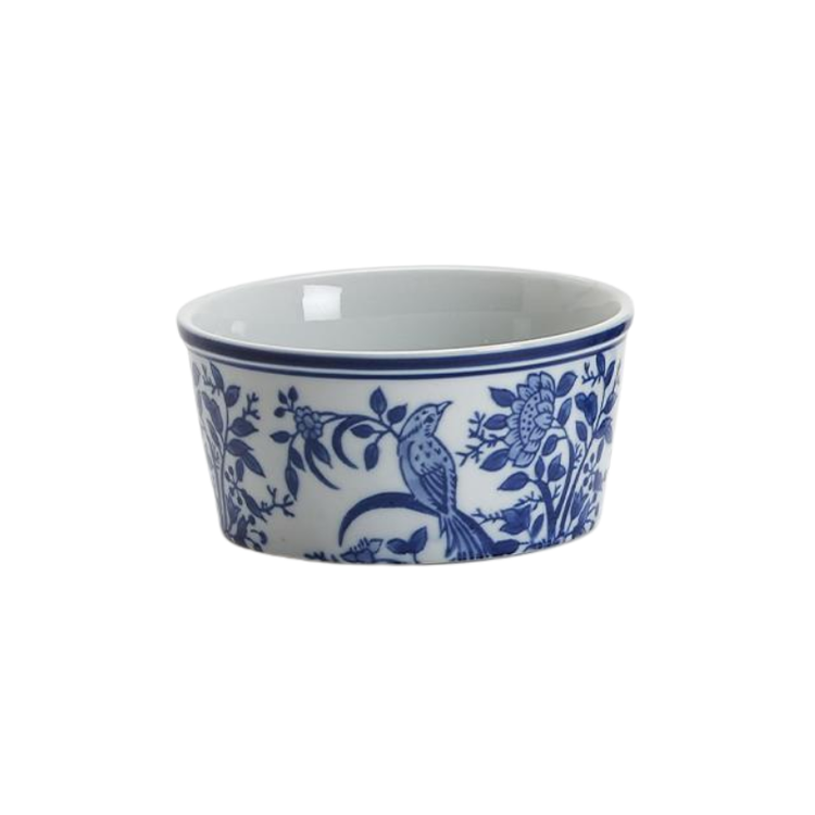 8 oz. porcelain deli container holder with blue and white Chinoiserie bird and floral pattern.