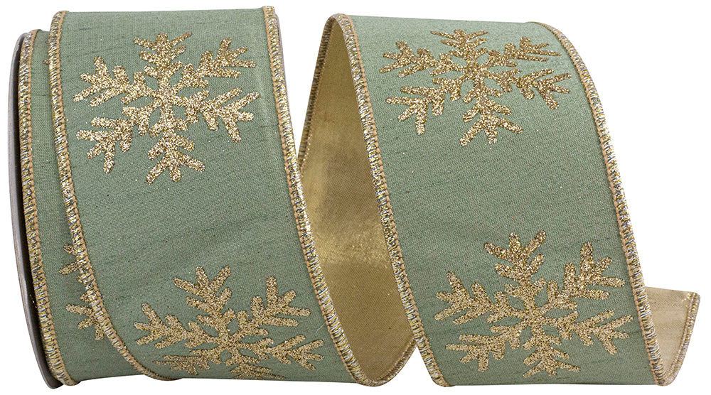 Sage green dupioni wired ribbon with gold glitter snowflakes and metallic edges.