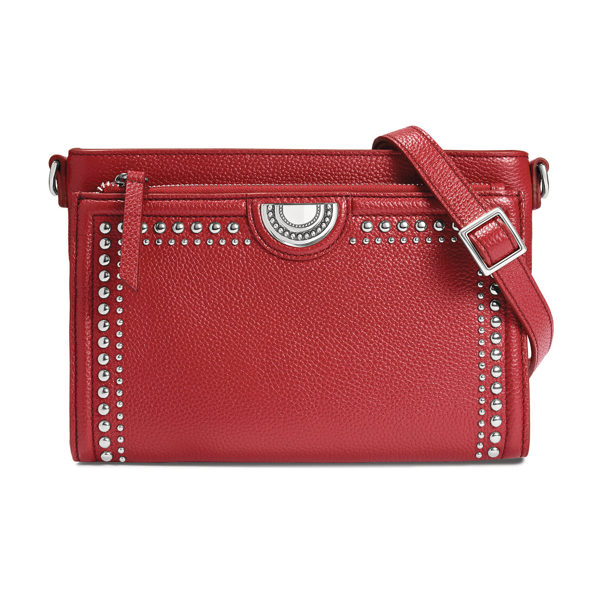 Black leather Jordyn cross body organizer with raw edge contour, adjustable strap, ziptop closure, and multiple pockets.
