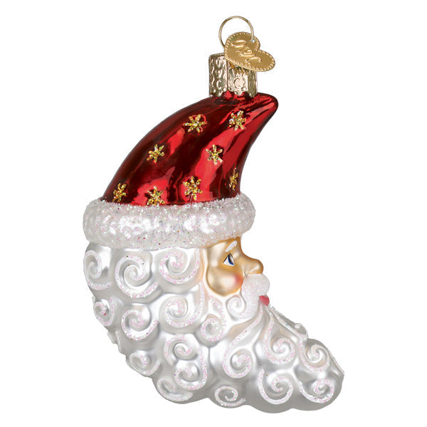 Santa Moon Face glass ornament featuring a red glittery hat and a white swirled beard.