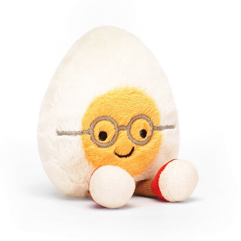 Amuseable Boiled Egg Geek plush toy in white with black facial features.
