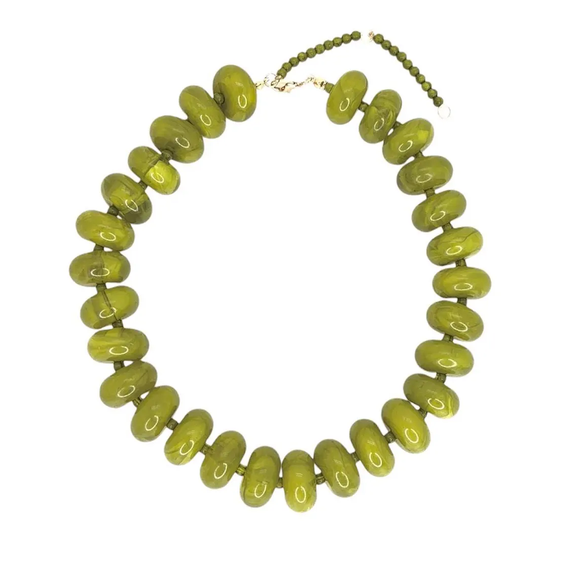 Candy Necklace featuring oversized, glossy green marbled beads with an adjustable gold-tone clasp.