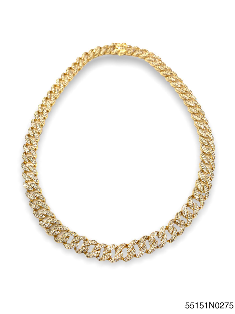 Gold cuban link necklace with pave set diamonds.