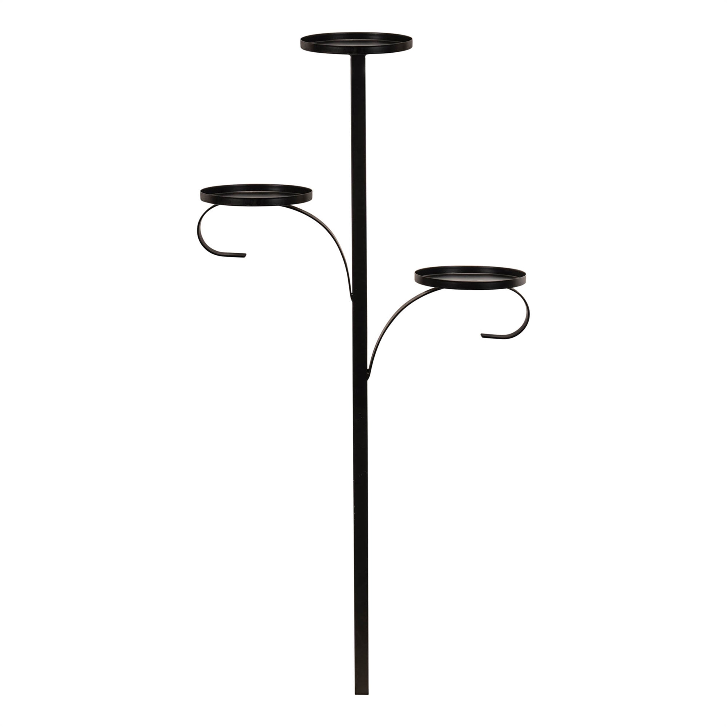 Triple Tree Topper in black iron, featuring three circular platforms at varying heights.
