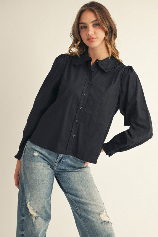 Cindy ruffle accent button down shirt in white cotton with a relaxed silhouette.