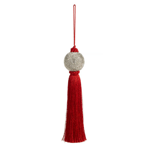Red tassel ornament made of polyester, plastic, glass, and brass measuring 10 inches tall.