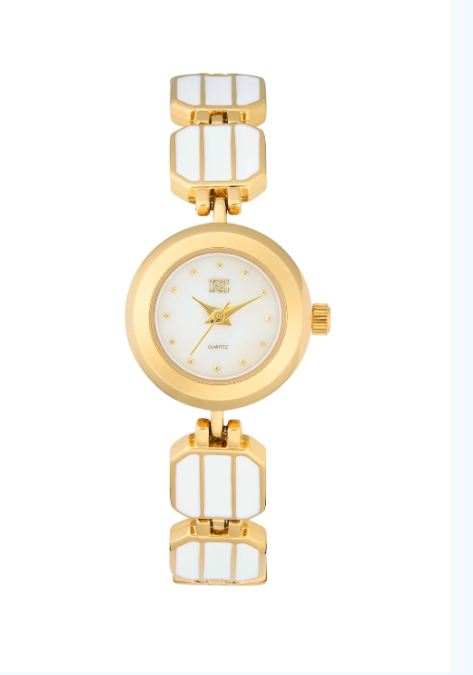 Ladies gold-tone watch with a round white dial and white enamel link bracelet.