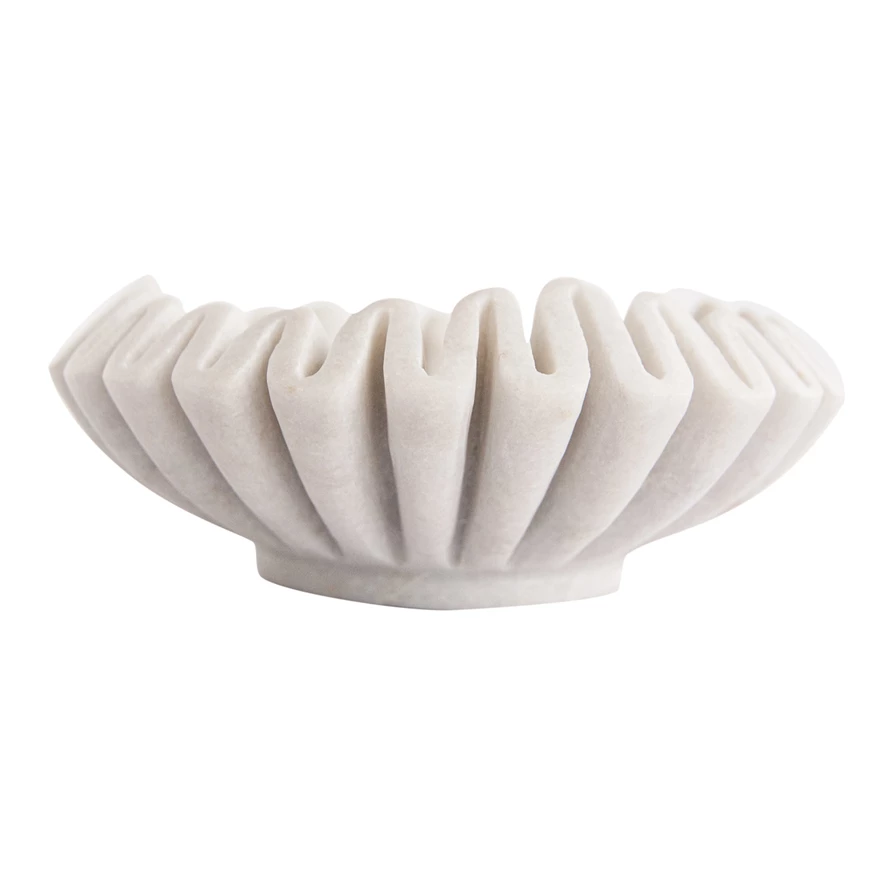 White marble round pleated bowl with a smooth rim.