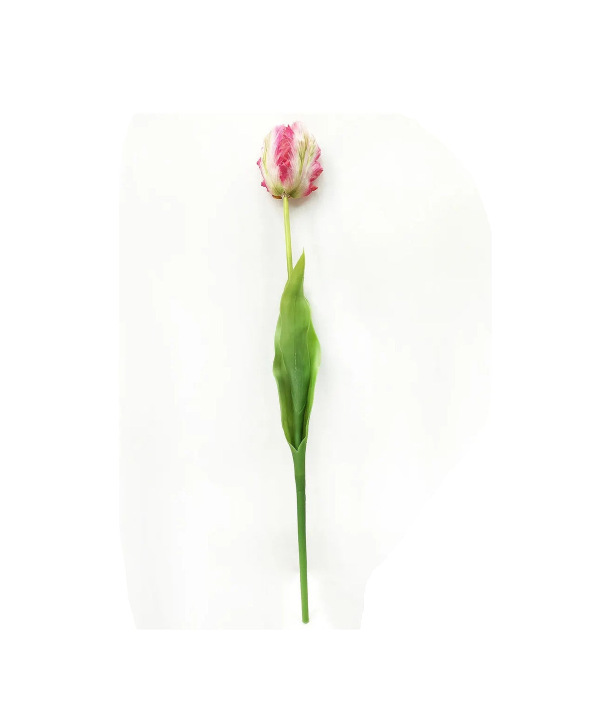 Tall Parrot Tulip artificial plant with green leaves in a white pot.