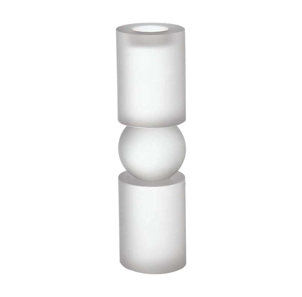 Frosted glass candle holder with a stacked design featuring two cylinders and a central sphere.