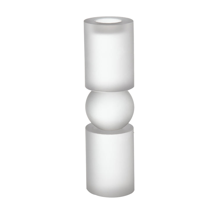 Frosted glass candle holder with a stacked design featuring two cylinders and a central sphere.