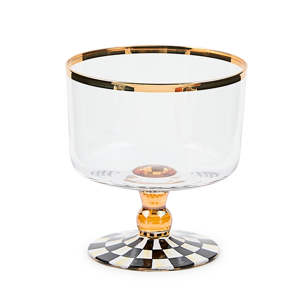 Courtly Check Glass Sorbet with gold rim and black and white checkered base.