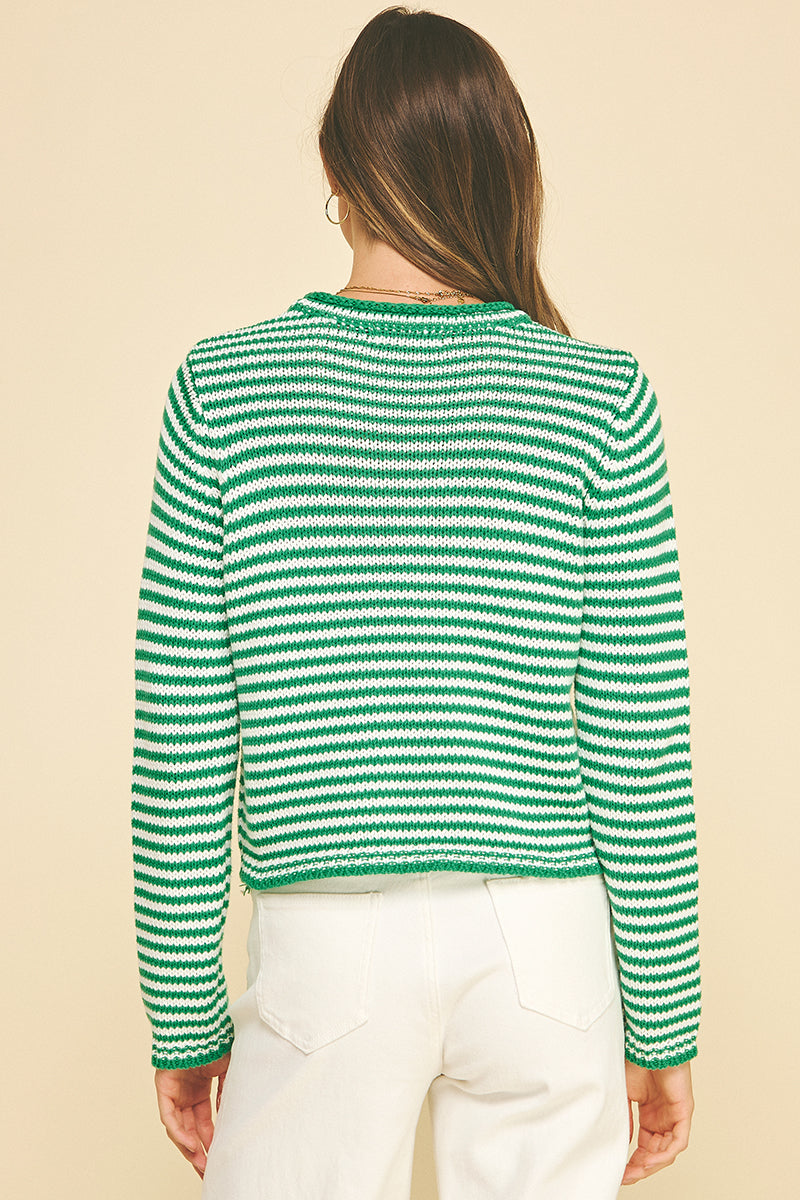 Camille striped crew neck sweater in small size featuring long sleeves with a cotton acrylic blend fabric.