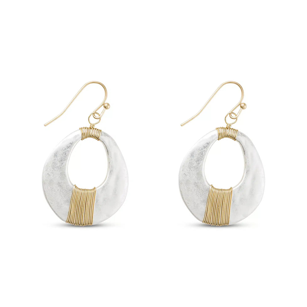 Gold and silver matte hoop earrings with wire wrap detail and fishhook ear wires.