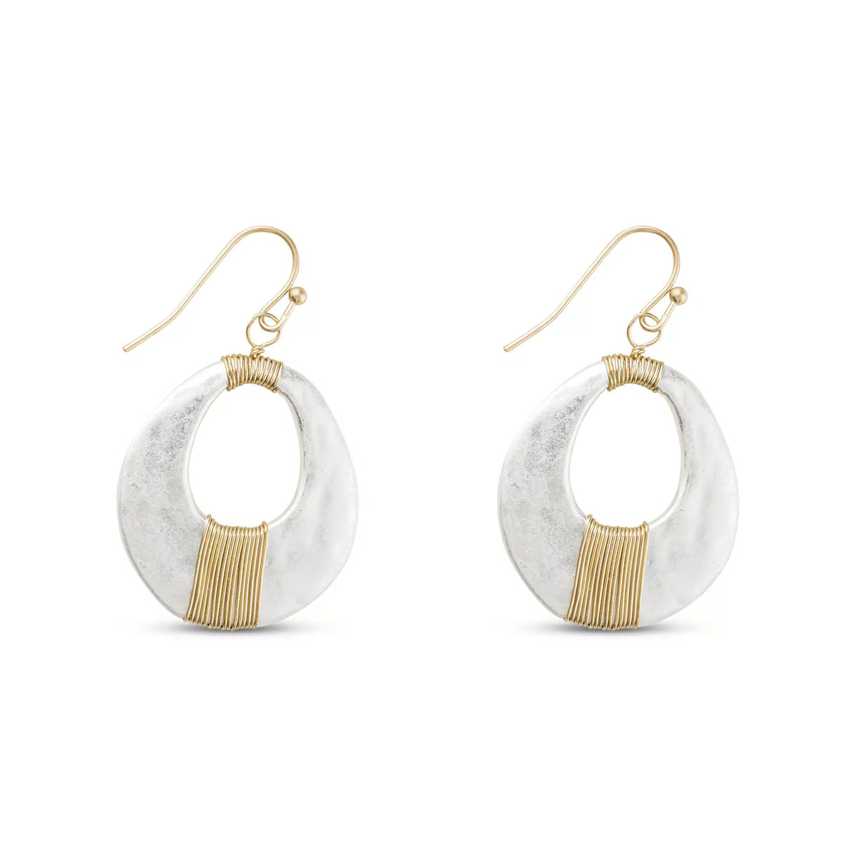 Gold and silver matte hoop earrings with wire wrap detail and fishhook ear wires.