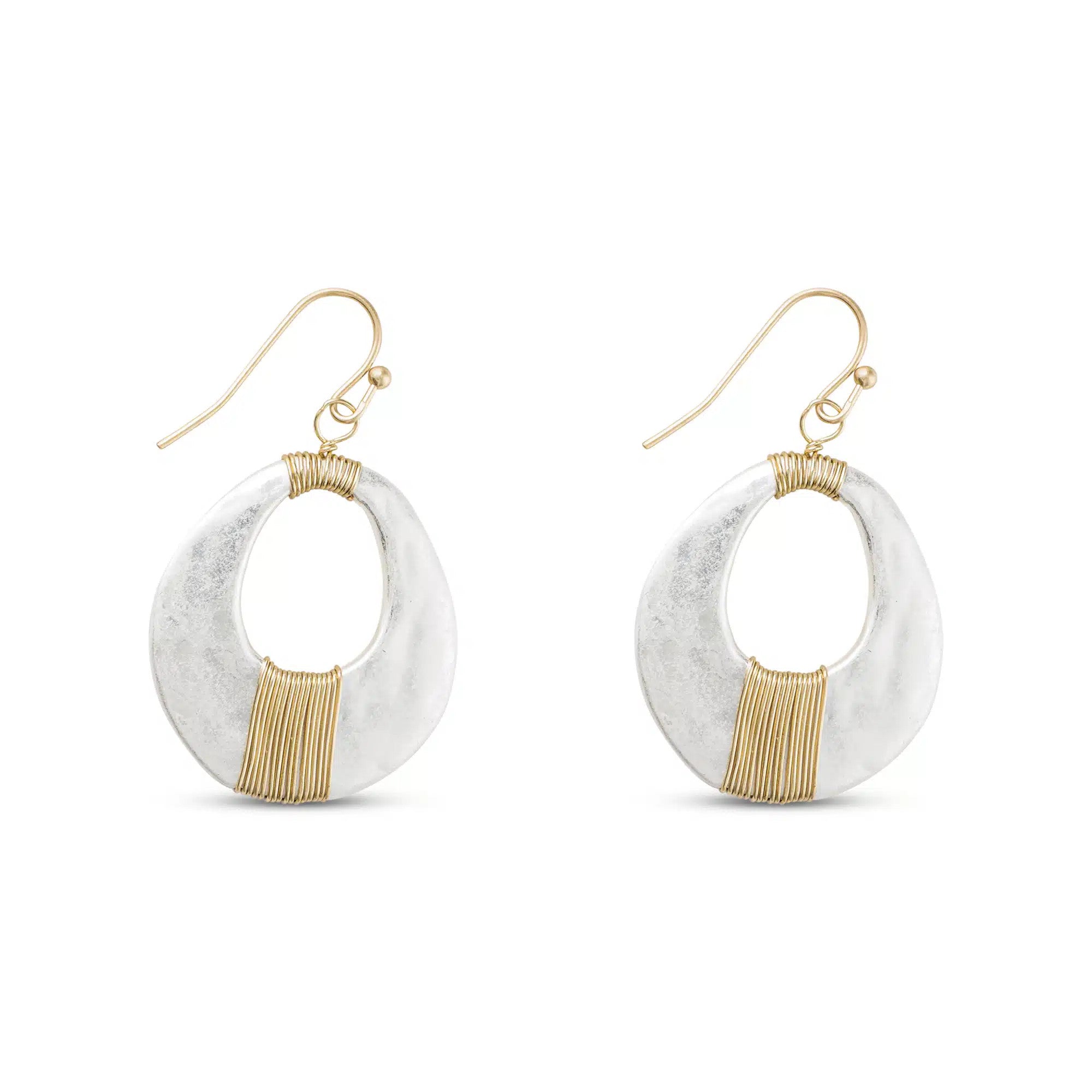 Gold and silver matte hoop earrings with wire wrap detail and fishhook ear wires.