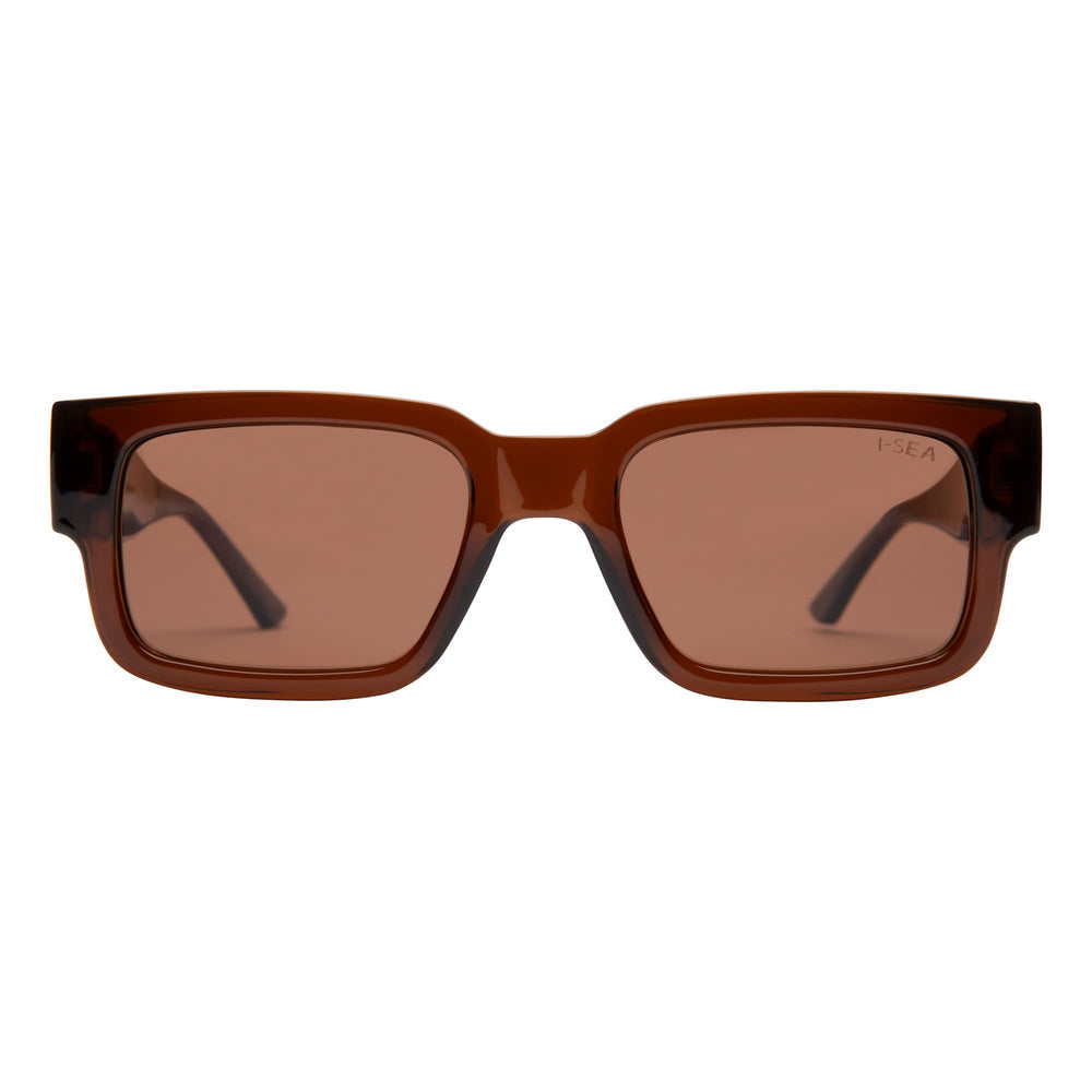 Cole Houshmand rectangular sunglasses with taupe frames and brown polarized lenses.