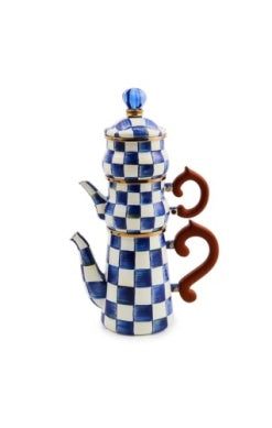 Blue and white checkered stackable coffee set including a pot, creamer, and sugar bowl with lid.