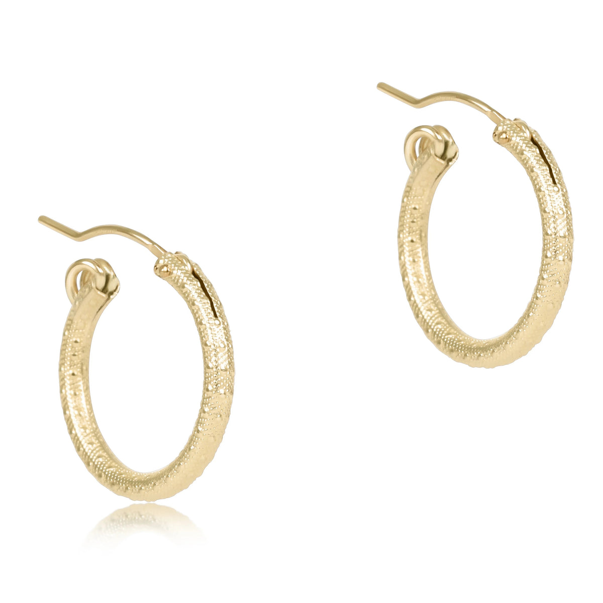 Round gold-filled textured hoop earring with a 0.5-inch diameter.