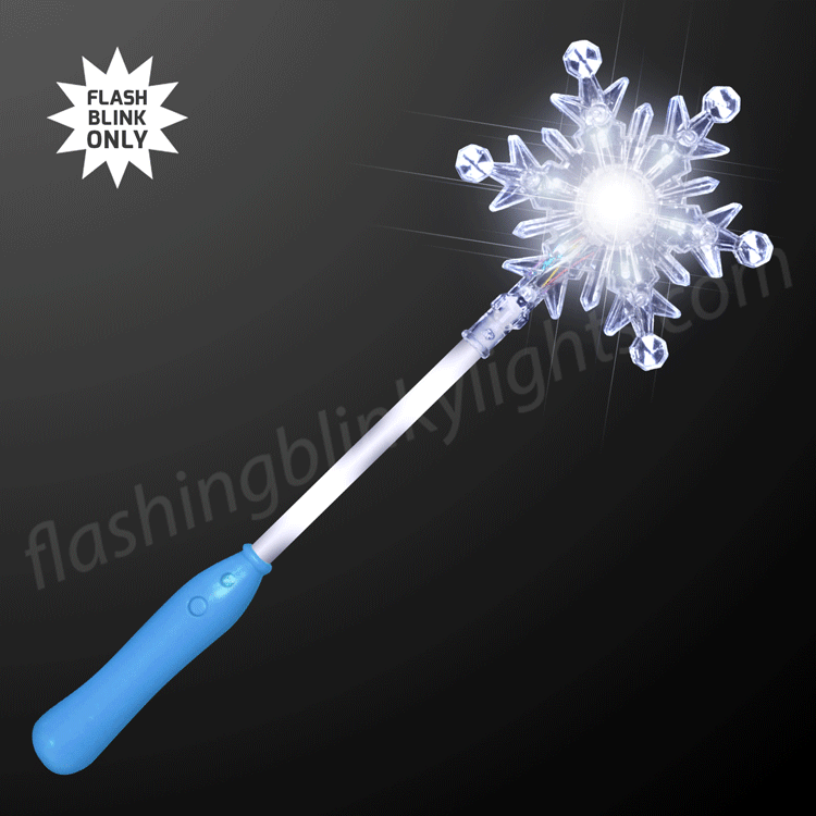 Blinky light up snowflake wand with a blue handle and glowing white LED snowflake top.