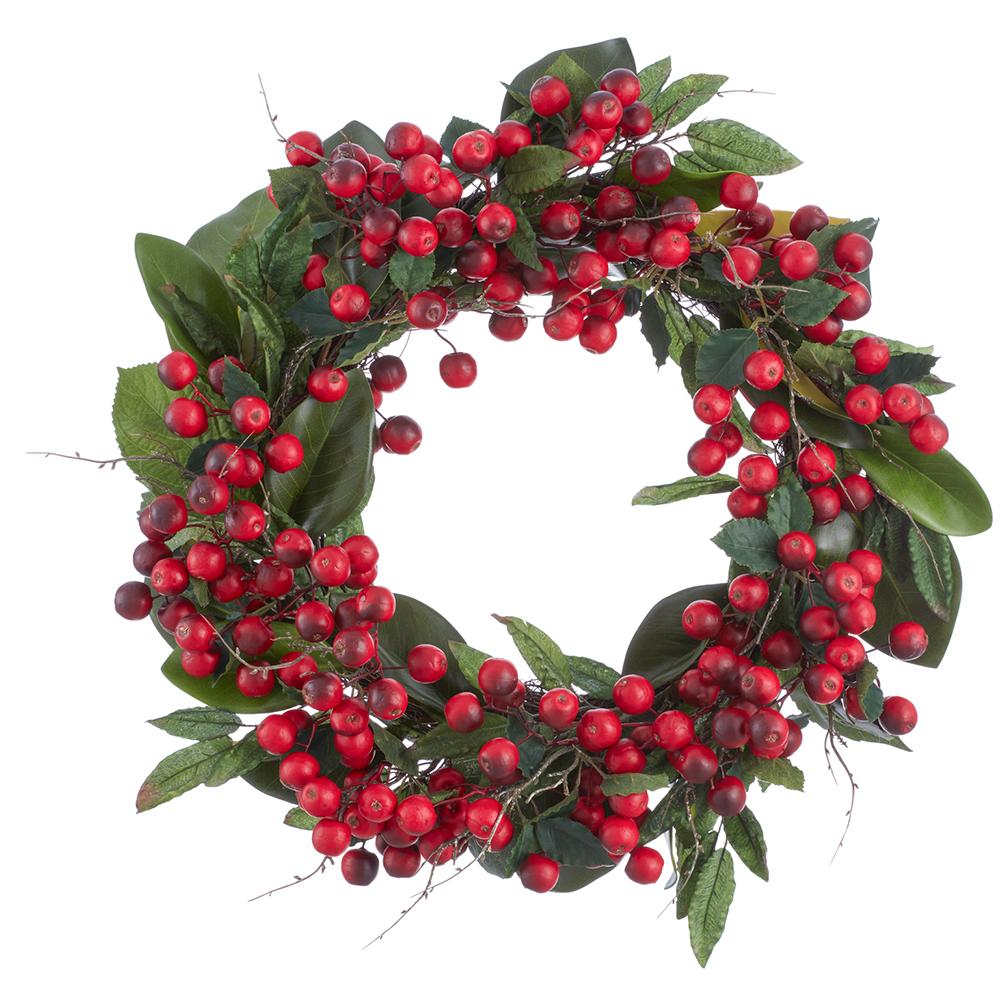 24-inch wreath featuring vibrant red crabapples and lush green magnolia leaves.