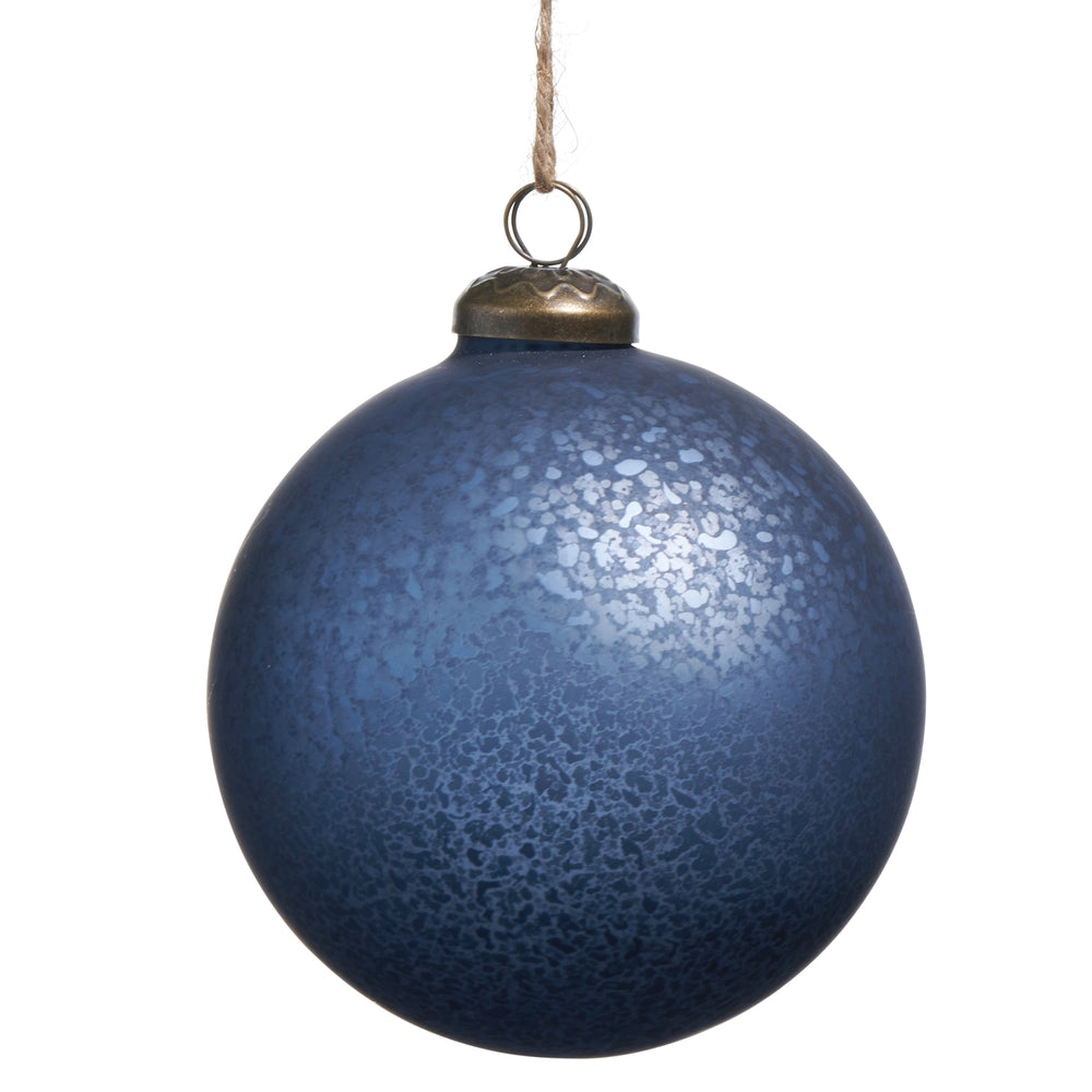 4-inch blue mercury glass ball ornament with a reflective spherical shape.