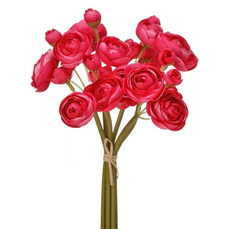 Bundle of eleven-inch garden ranunculus flowers in natural tones.