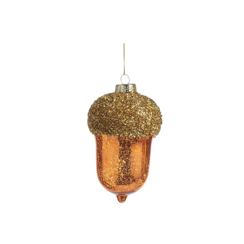 5-inch glass acorn ornament with a gold beaded top and a metallic amber-colored base.
