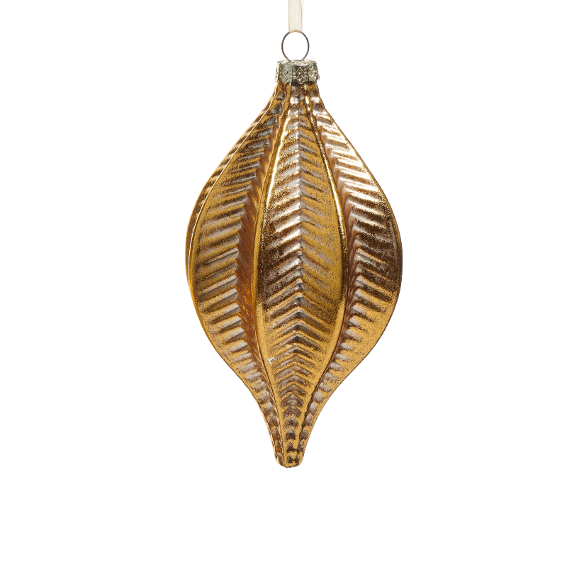 4-inch gold glass spine ornament with a textured, ribbed pattern and metallic finish.