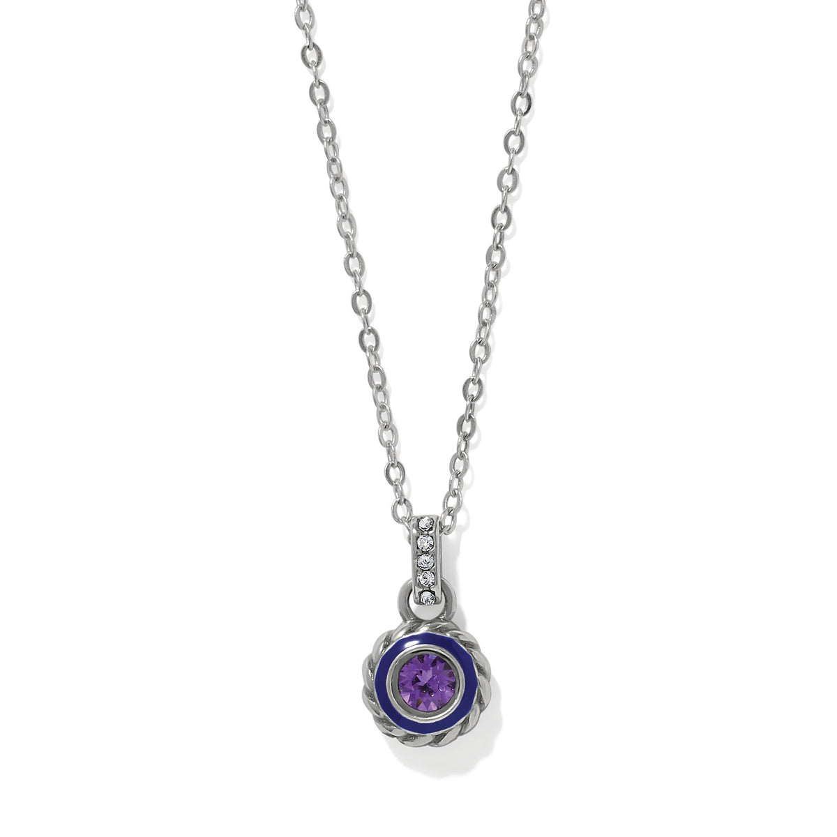 Silver-plated Halo Gemma Petite Round Necklace with tanzanite crystal and blue enamel detail.