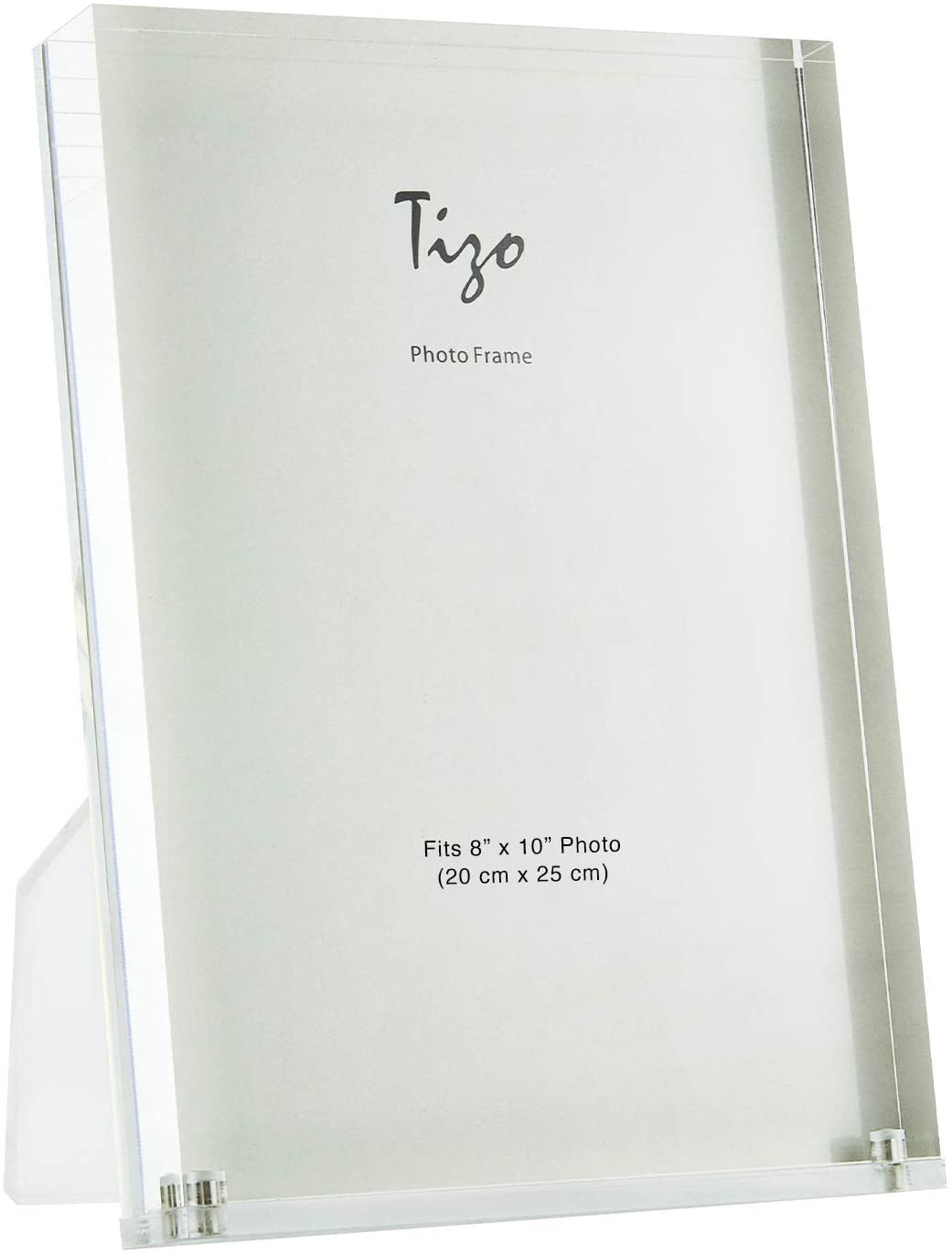 Clear acrylic picture frame with an open back designed to hold an 8x10 inch photo.