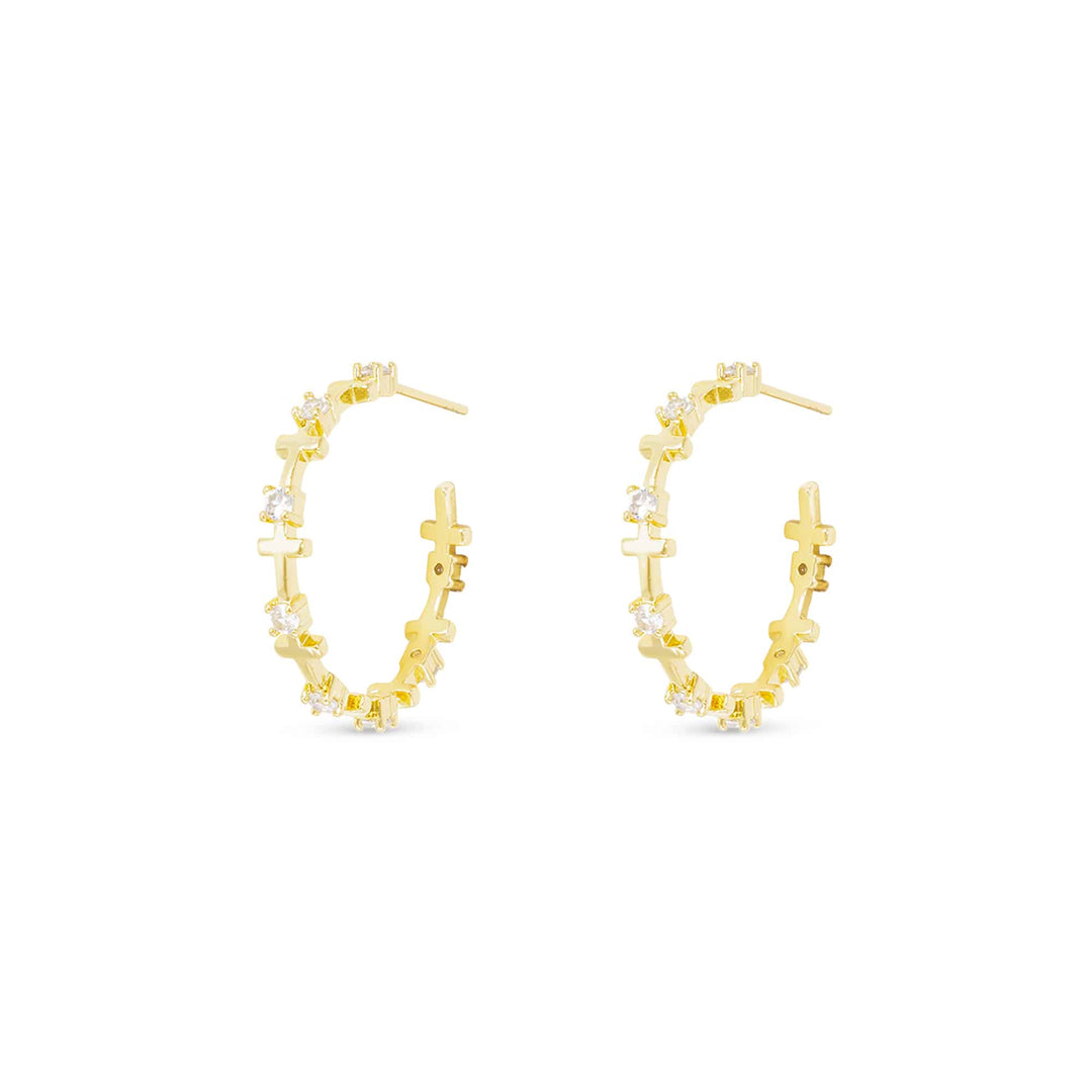 Gold CZ Infinity Cross Hoop Earrings featuring cubic zirconia stones and cross motifs.