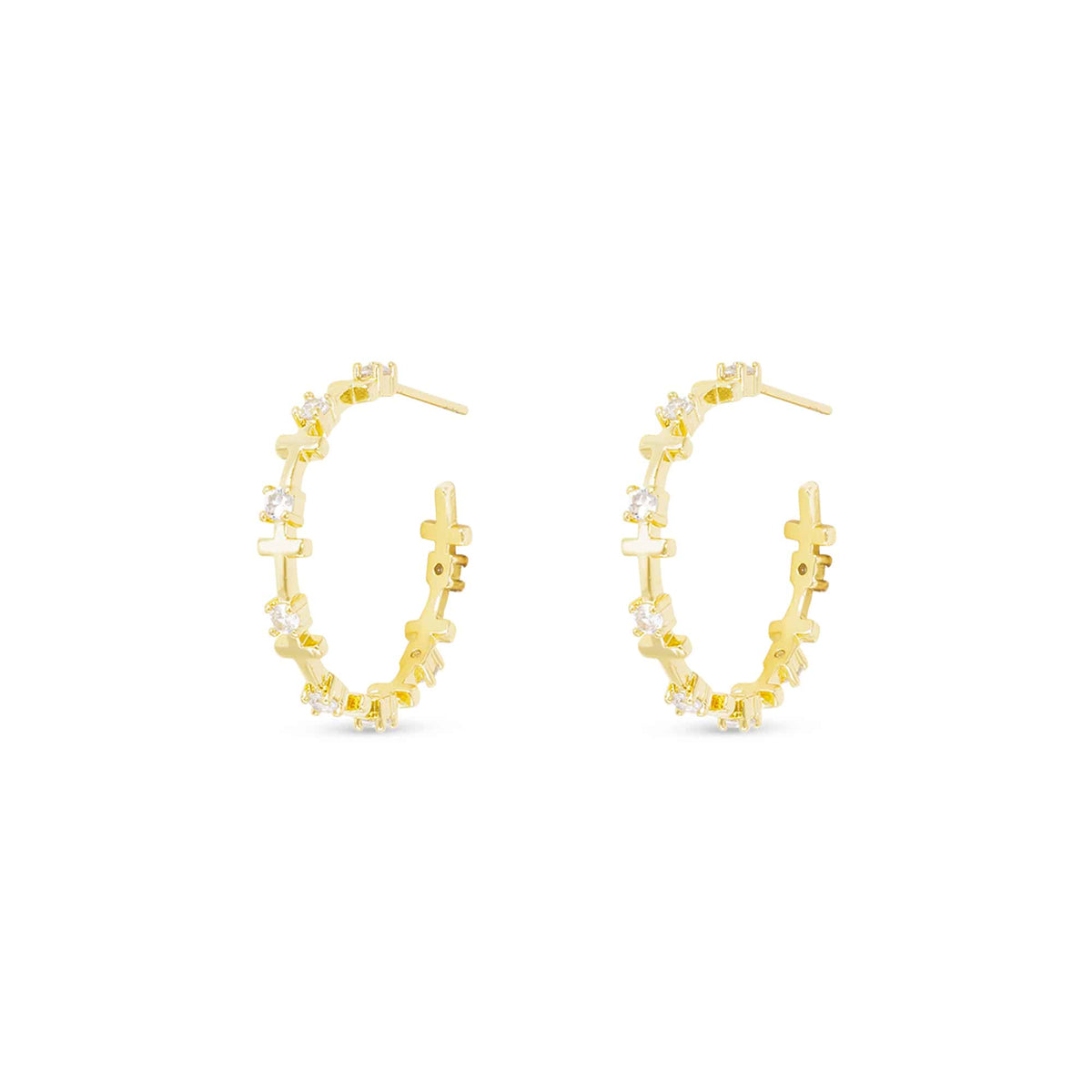 Gold CZ Infinity Cross Hoop Earrings featuring cubic zirconia stones and cross motifs.